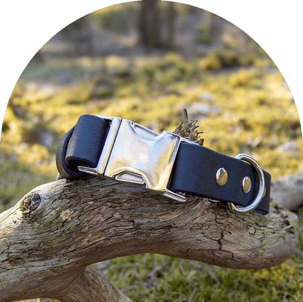 Ett svart vattentätt, lätt att rengöra och justerbart halsband med rostfria beslag. Tillverkat i BioThane-material.