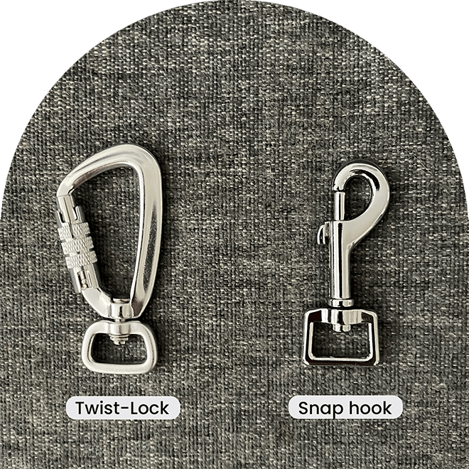Två typer av hundkoppel: Twist-lock och karbinhake.