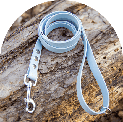 A waterproof, easy to clean dog leash in pastel blue with stainless steel hardware. Made with BioThane material.

Ett vattentätt, lätt att rengöra hundkoppel i pastellblått med rostfritt stål. Tillverkad med BioThane-material.