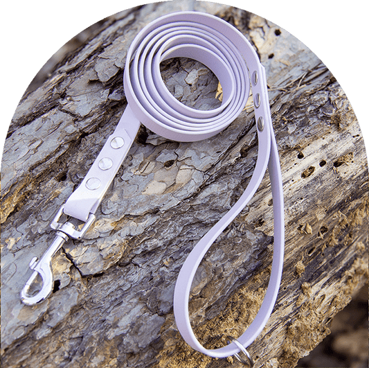 A waterproof, easy to clean dog leash in pastel purple with stainless steel hardware. Made with BioThane material.

Ett vattentätt, lätt att rengöra hundkoppel i pastelllila med beslag i rostfritt stål. Tillverkad med BioThane-material.