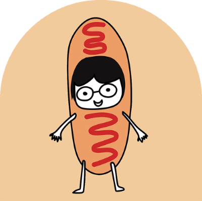 A girl dresses up as a corndog. She has ketchup on her dress.