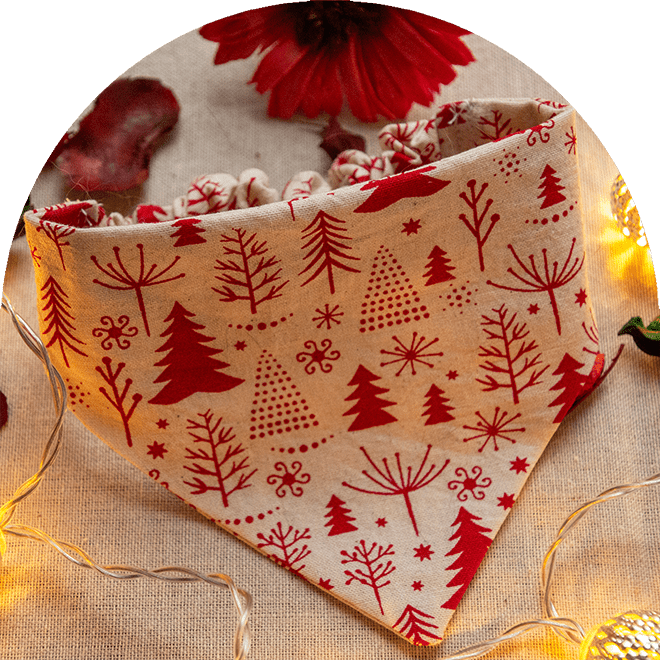 Husdjursbandana i rött och vitt i julmönster.