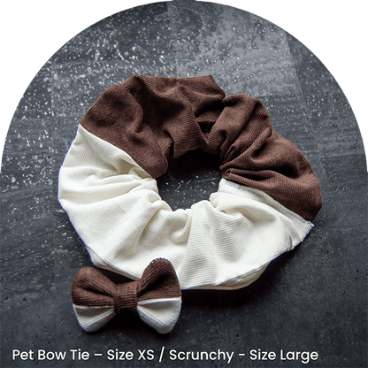 Matchande scrunchie för ägare och husdjursfluga, som ett set i brunt och vitt manchestertyg.